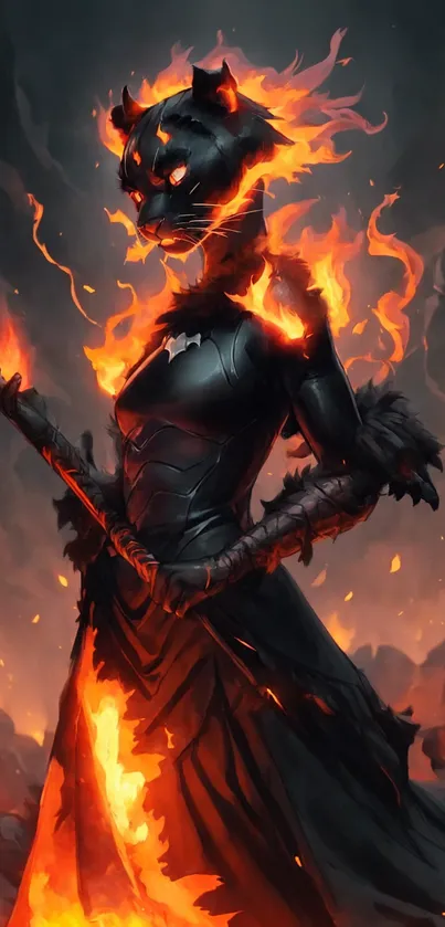 Flaming panther warrior standing tall with a sword in a mystical fiery landscape.