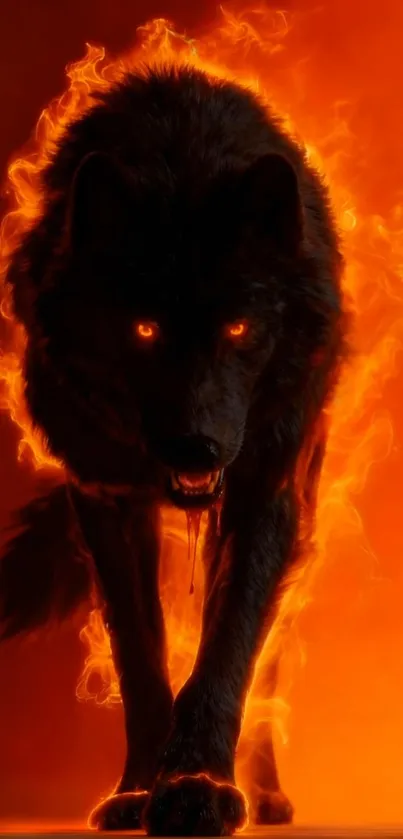 Fierce wolf surrounded by flames on mobile wallpaper.