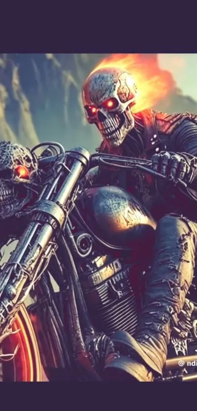 Flaming skull biker on motorcycle mobile wallpaper.