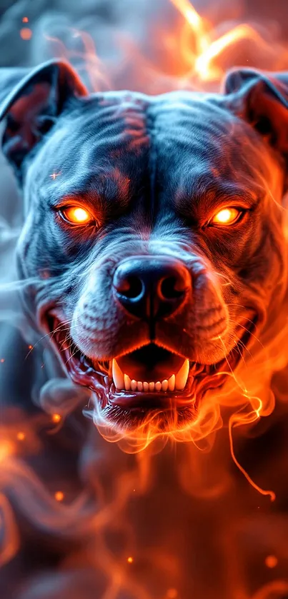 Fierce dog enveloped in bright flames.