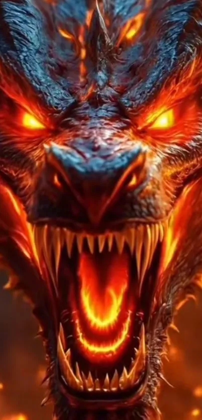 Fierce flaming dragon with glowing eyes.