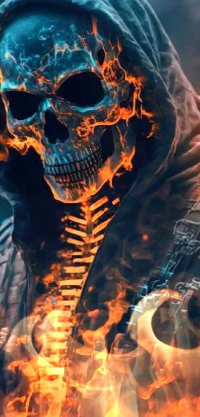 Fierce flaming skull with a hood in vibrant orange fire.