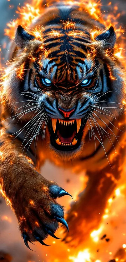 A fierce, fiery tiger charging ahead with flames around it.