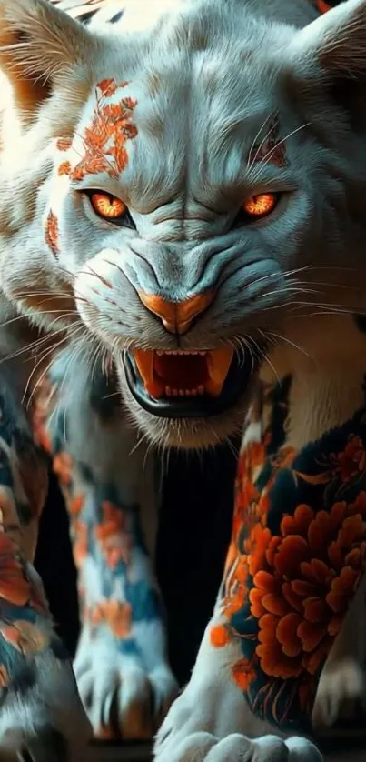 Fierce tiger with floral designs in vibrant colors.