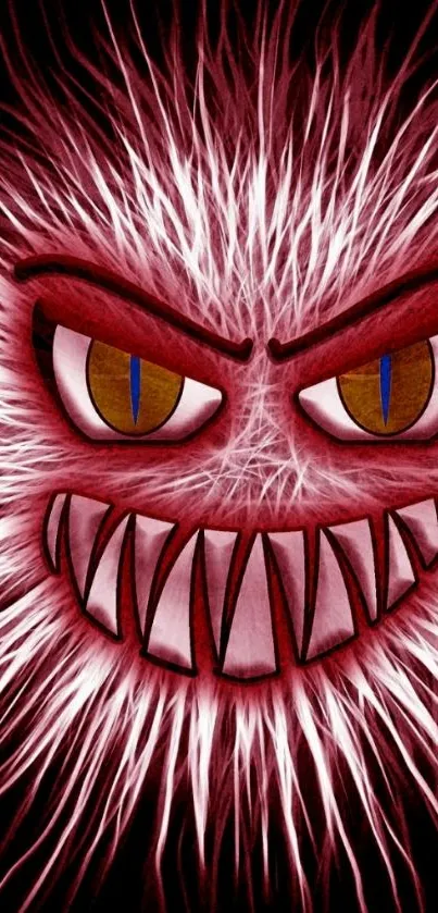 Fierce red monster with menacing grin on dark background.