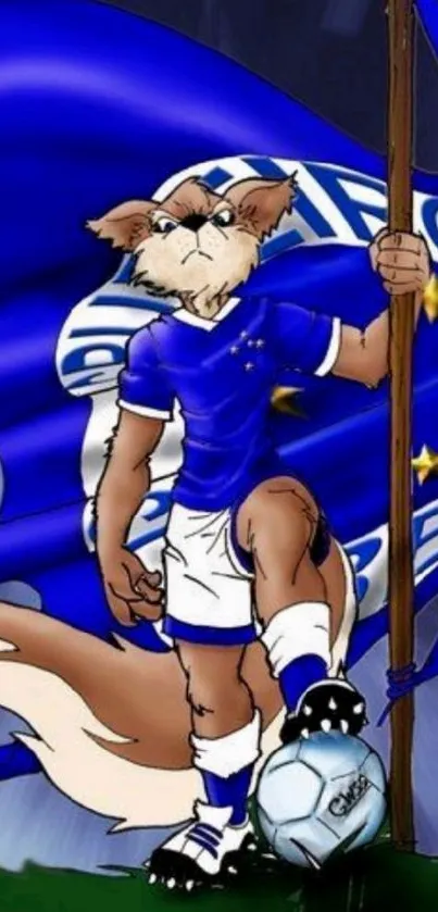 Fierce fox mascot with soccer ball and flag on blue background.