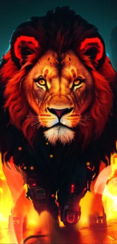 Futuristic fiery lion in vibrant colors.