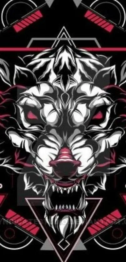 Geometric wolf artwork in black and red hues.