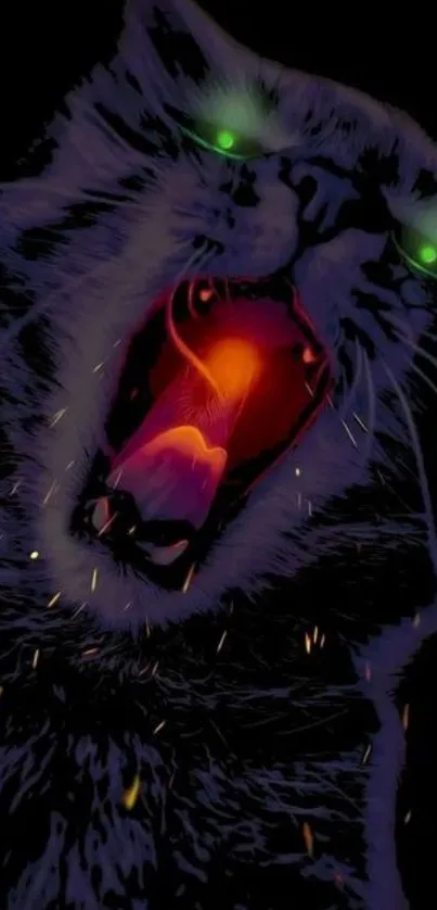 Fierce cat with glowing eyes and mouth in dynamic wallpaper art.