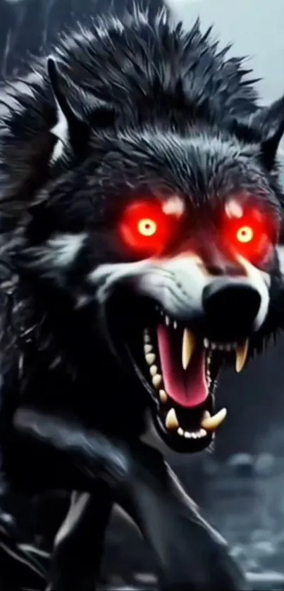 Fierce wolf with glowing red eyes in dark setting.
