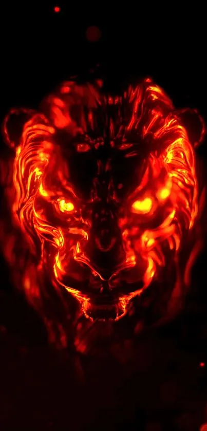 Fierce glowing lion with fiery red hues on a dark background.