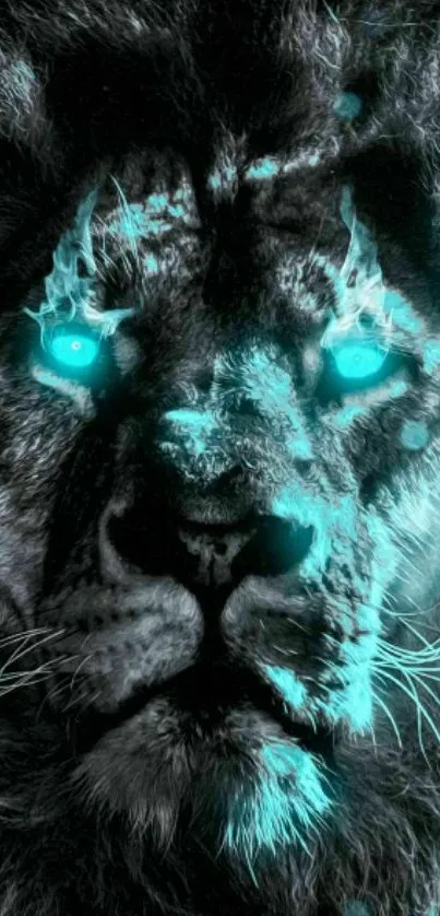 Fierce lion with glowing turquoise eyes wallpaper.