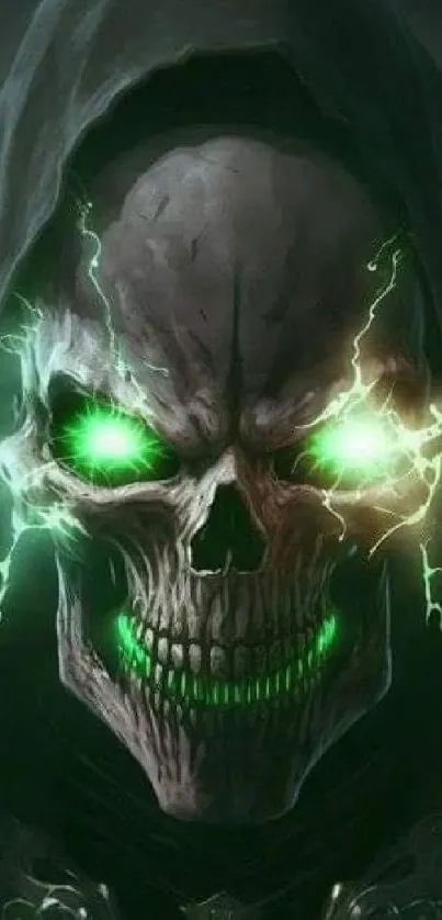 Eerie skull with glowing green eyes in dark hooded setting.