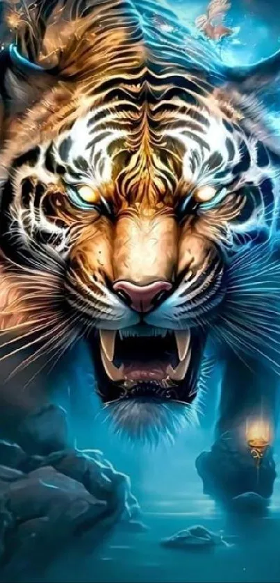 Fierce glowing tiger wallpaper with blue and orange hues for mobile phones.