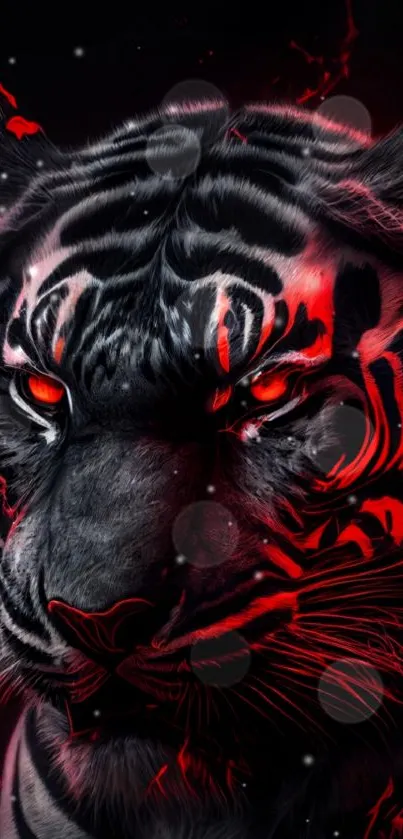 Fierce glowing tiger with red accents on a dark background.