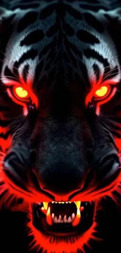 Fierce tiger with glowing eyes and red accents in a captivating wallpaper.