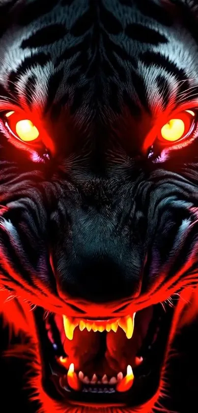 Fierce glowing tiger with piercing red eyes