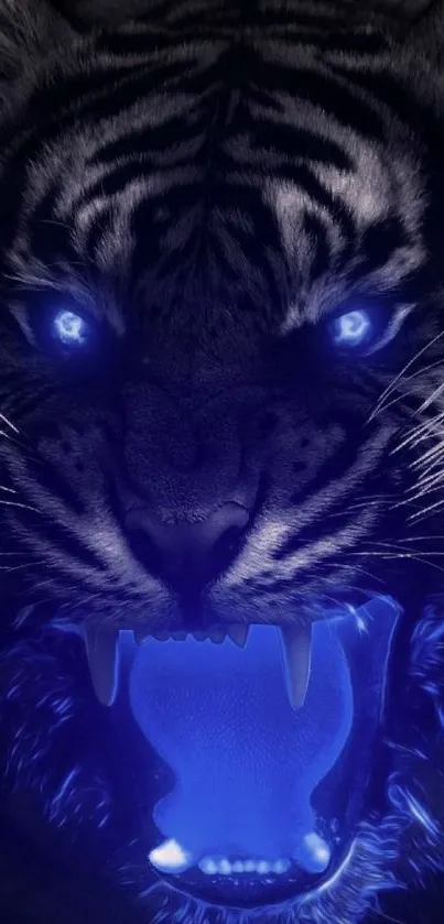 Fierce glowing tiger with blue eyes and mouth.