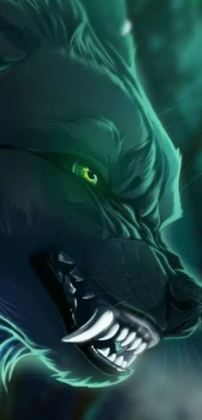 Fierce glowing wolf art with vibrant green eyes in a dark forest setting.