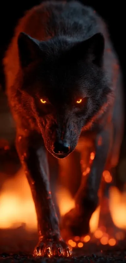 A wolf with glowing eyes walking against fiery background.