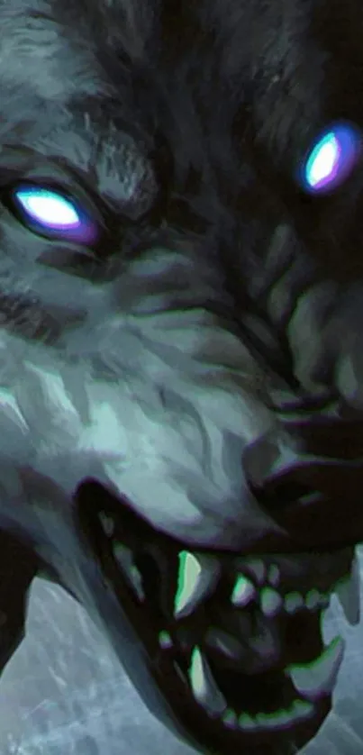 Close-up of a fierce wolf with glowing blue eyes.