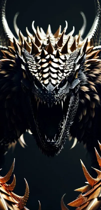 Majestic golden dragon with intricate scales on a dark backdrop.