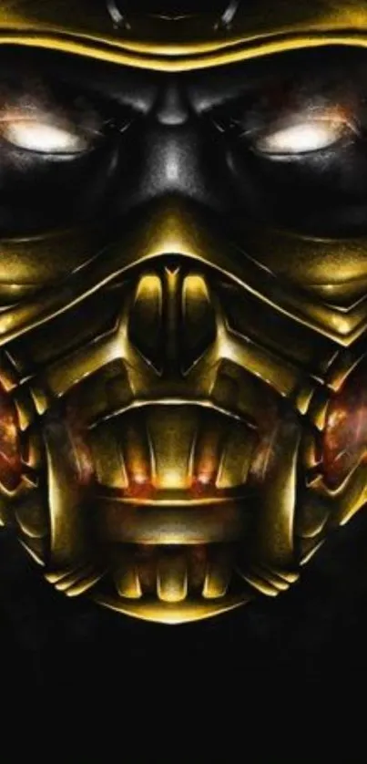 Striking mobile wallpaper showing a fierce golden mask with a dark, intense vibe.