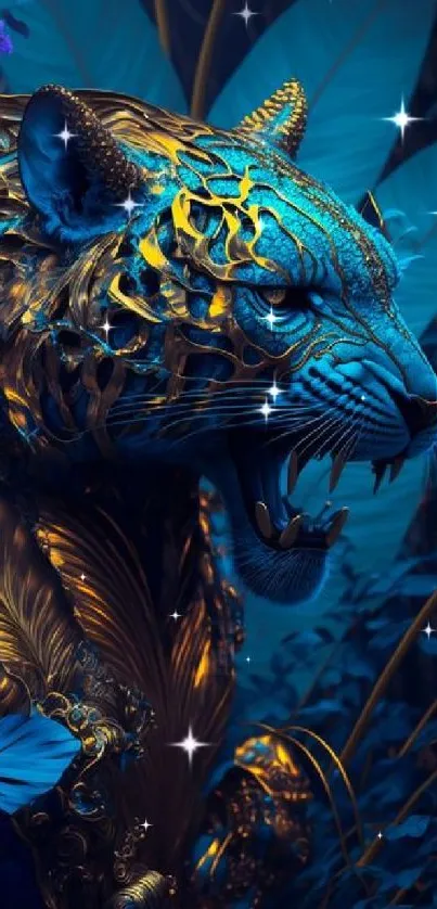 Golden tiger in a vibrant jungle setting with contrasting blue hues.