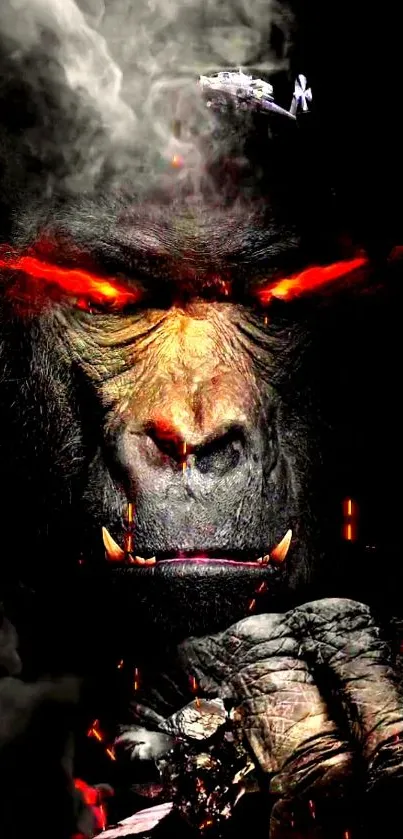 Fierce gorilla with glowing red eyes on a dark background.