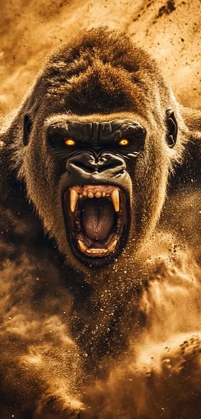 Roaring gorilla surrounded by swirling dust in dynamic wallpaper.