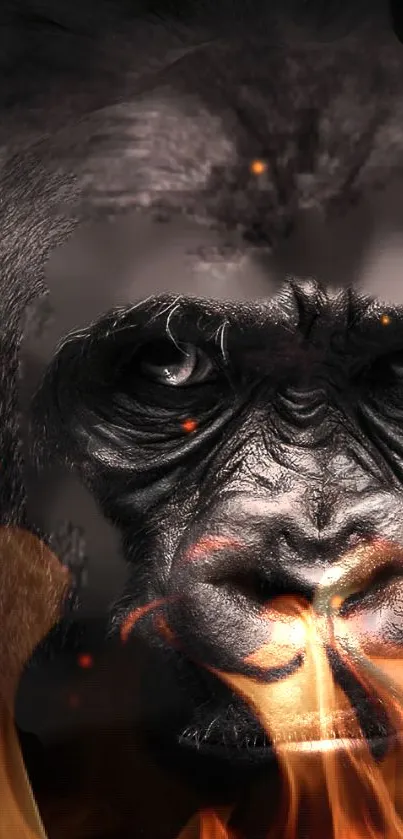 Fierce gorilla with fire background in mobile wallpaper.