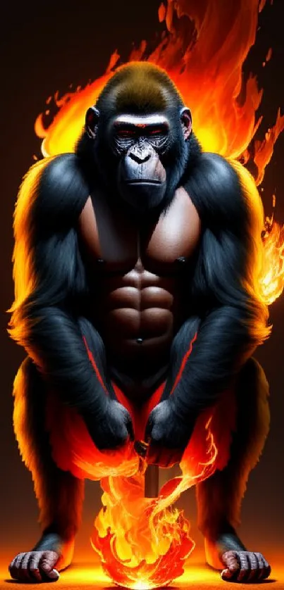 Gorilla engulfed in vibrant flames in a dynamic mobile wallpaper.