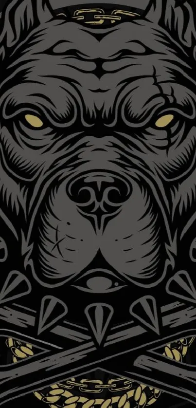 Fierce gothic dog design with dark tones and gold accents on mobile wallpaper.