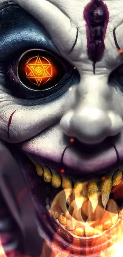 Gothic horror demon face wallpaper with fiery eyes.