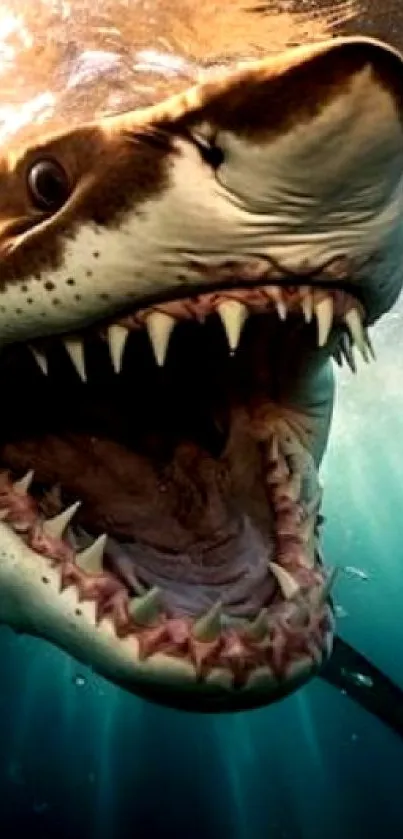 A fierce shark swimming underwater with light rays.