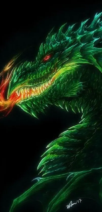 A vibrant green dragon breathing fire.