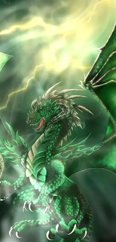 Green dragon with vibrant wings and stormy background.