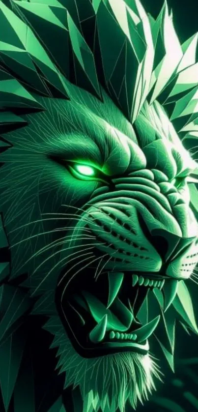 A vibrant green geometric lion roaring.