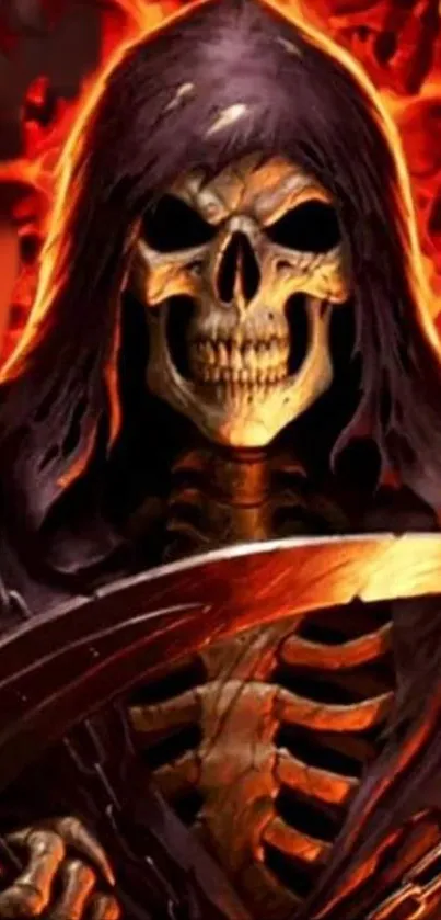 Grim Reaper on fire mobile wallpaper with orange and black shades.