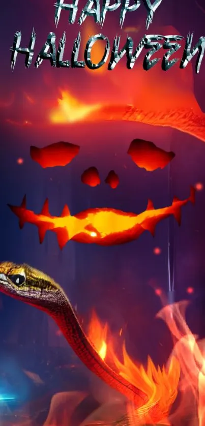 Halloween wallpaper with glowing pumpkin, snake, and fiery effects.