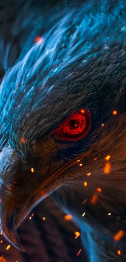 Fierce hawk with glowing red eyes and blue feathers in dynamic pose.