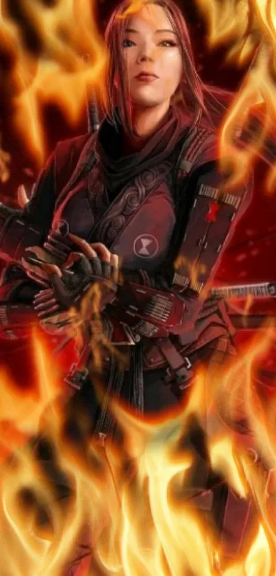 Heroine engulfed in vibrant flames on a dynamic phone wallpaper.