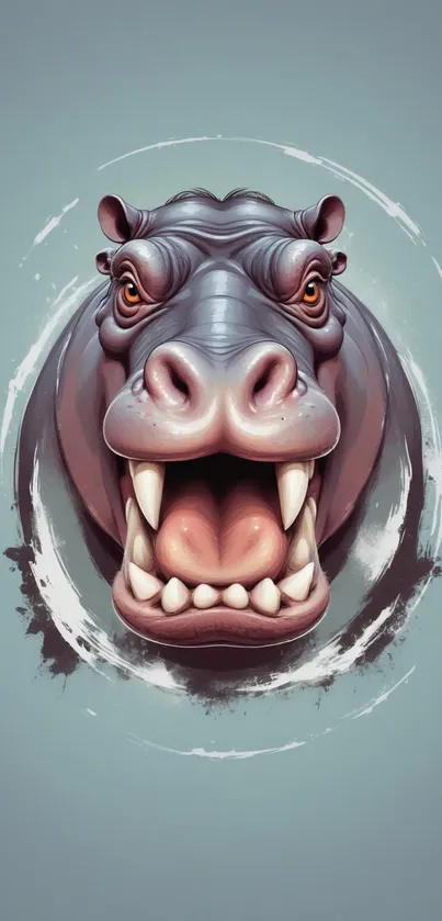 Fierce hippo face art wallpaper in gray tones.