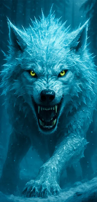 Fierce ice wolf in a blue forest.
