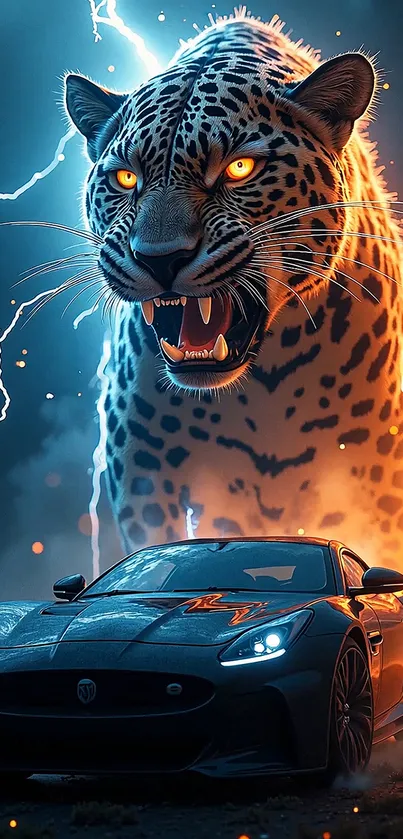 Leopard roaring above a supercar with lightning in the background.