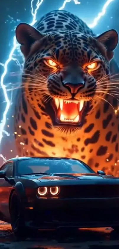 Wallpaper of a roaring jaguar and muscle car with lightning.