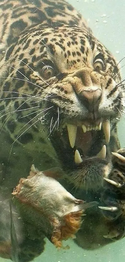 Jaguar fiercely hunting underwater with open mouth.