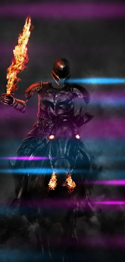 Mysterious knight with fiery sword riding into darkness on a black horse.