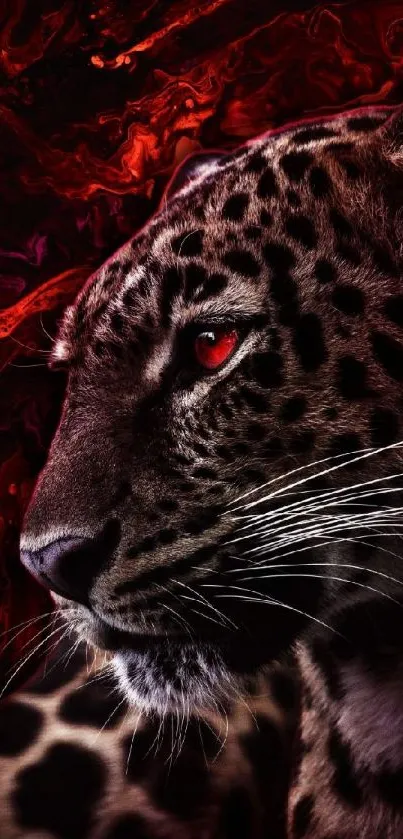 Leopard with red eyes on dark background, mobile wallpaper.