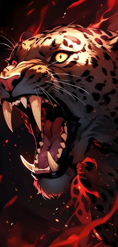 Fierce leopard illustration with vibrant red hues and sharp detail.